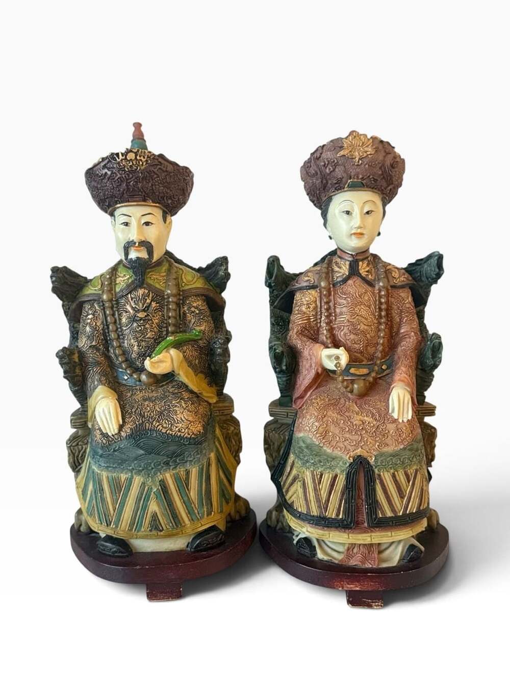 Vintage Chinese Emperor and Empress Seated on Throne Resin Statues Figurine Pair